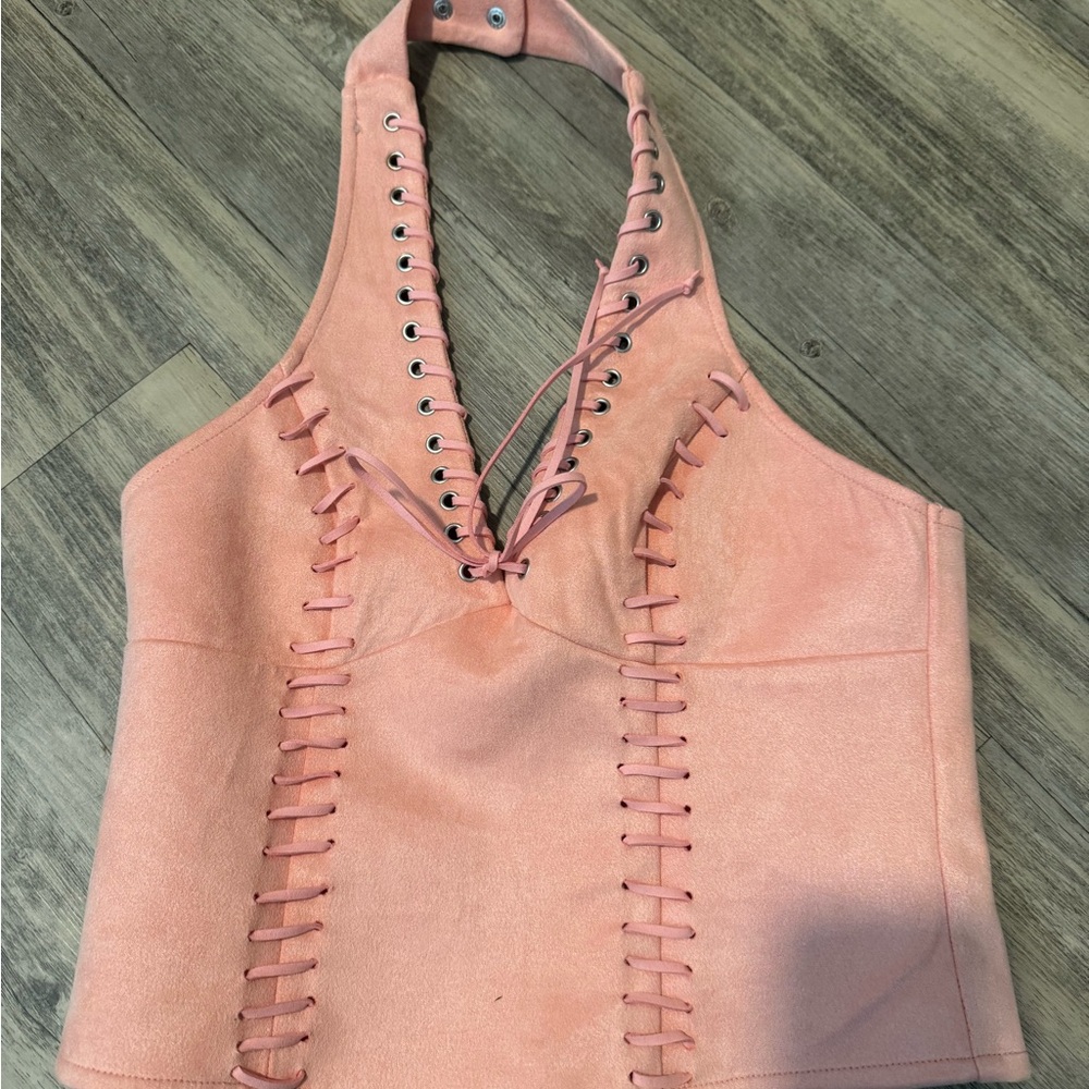 Women’s Suede Pink Halter Lace-Up Tank Top